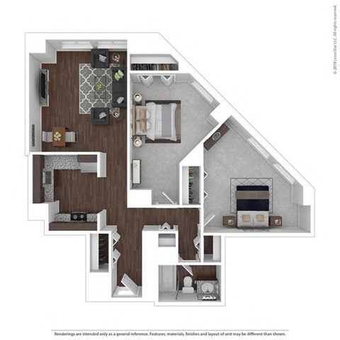 Floor plan for 2 beds, 1 bath, 843 sqft