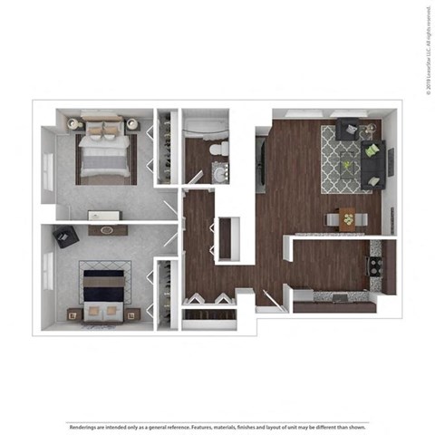 Floor plan for 2 beds, 1 bath, 855 sqft
