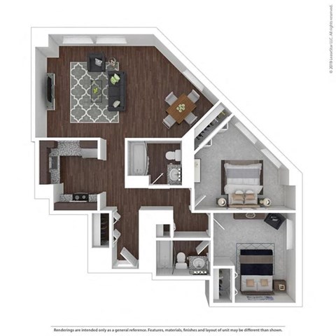 Floor plan for 2 beds, 2 baths, 1028 sqft
