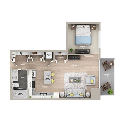 Floor plan for 1 bed, 1 bath, 608 sqft