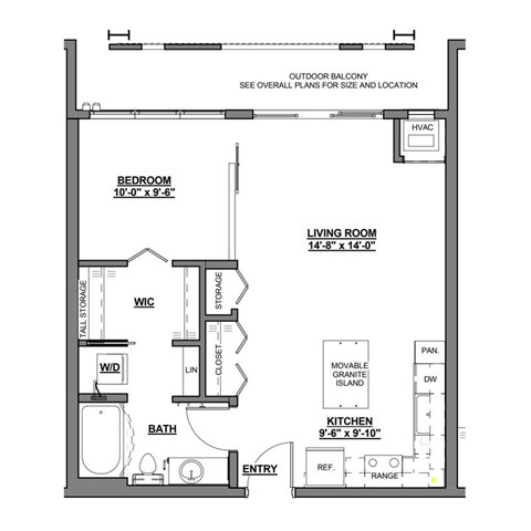 Floor plan for 1 bed, 1 bath, 624 sqft