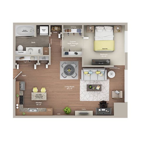 Floor plan for 1 bed, 1 bath, 753 sqft
