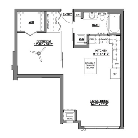 Floor plan for 1 bed, 1 bath, 661 sqft