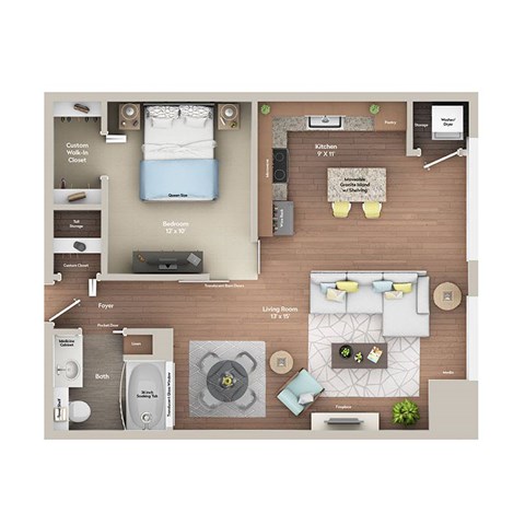 Floor plan for 1 bed, 1 bath, 715 sqft