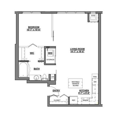 Floor plan for 1 bed, 1 bath, 717 sqft