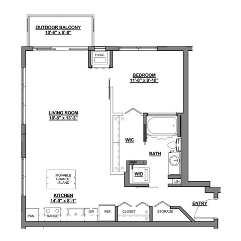 Floor plan for 1 bed, 1 bath, 740 sqft