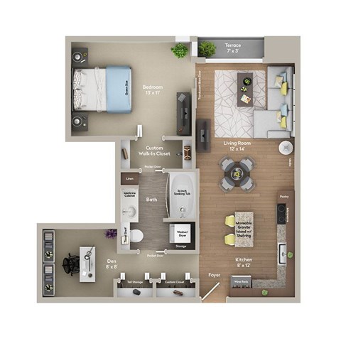 Floor plan for 1 bed, 1 bath, 743 sqft
