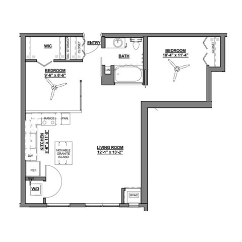 Floor plan for 2 beds, 1 bath, 795 sqft