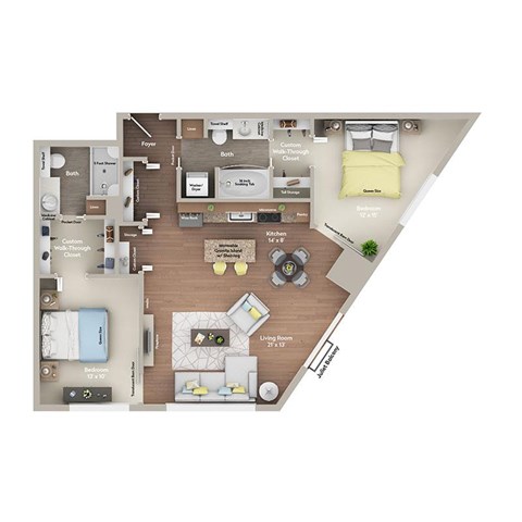 Floor plan for 2 beds, 2 baths, 1045 sqft