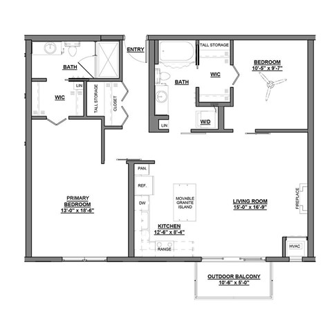 Floor plan for 2 beds, 2 baths, 1131 sqft