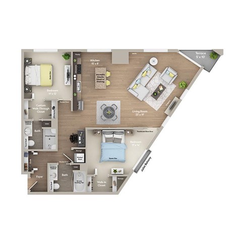 Floor plan for 2 beds, 2 baths, 1175 sqft