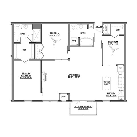 Floor plan for 3 beds, 2 baths, 1288 sqft