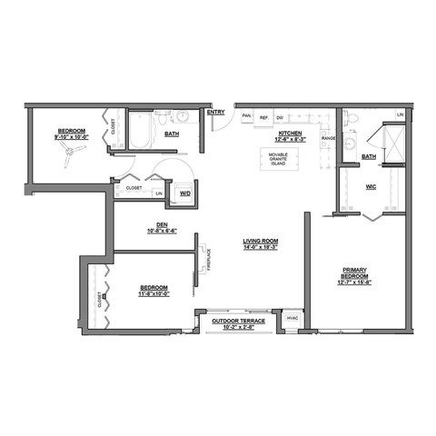Floor plan for 3 beds, 2 baths, 1301 sqft
