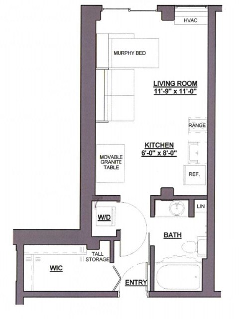 Floor plan for studio, 1 bath, 411 sqft