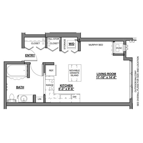 Floor plan for studio, 1 bath, 464 sqft