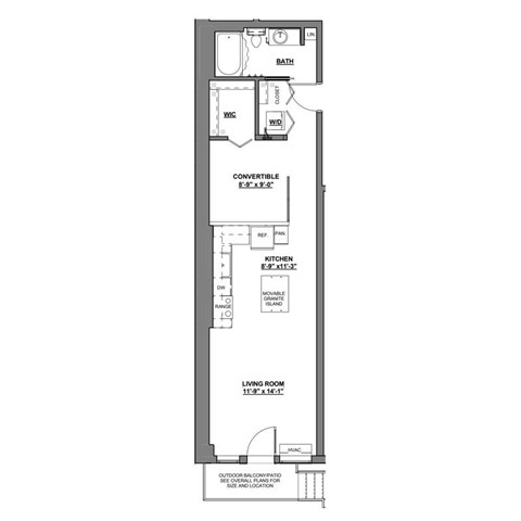 Floor plan for studio, 1 bath, 583 sqft