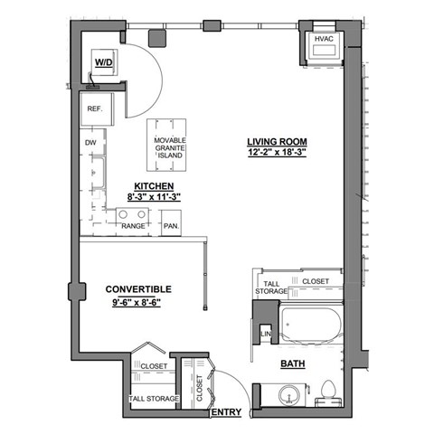 Floor plan for studio, 1 bath, 601 sqft