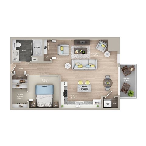 Floor plan for studio, 1 bath, 644 sqft