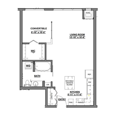 Floor plan for studio, 1 bath, 655 sqft