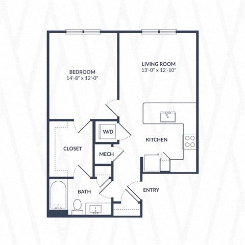 Floor plan for 1 bed, 1 bath, 707 sqft