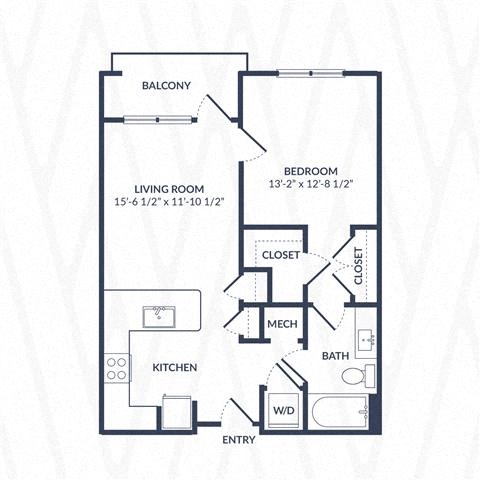 Floor plan for 1 bed, 1 bath, 692 sqft