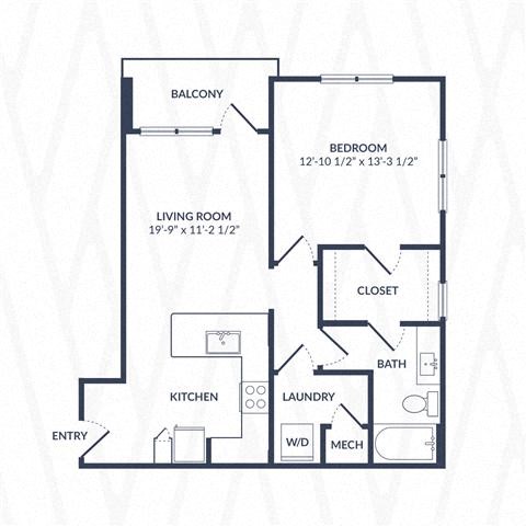 Floor plan for 1 bed, 1 bath, 772 sqft