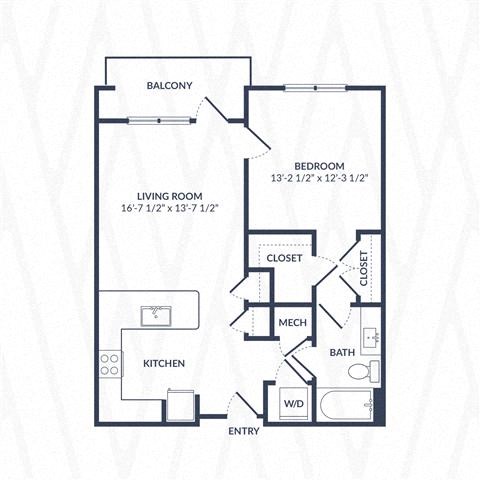 Floor plan for 1 bed, 1 bath, 777 sqft