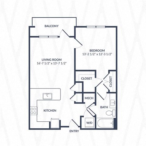 Floor plan for 1 bed, 1 bath, 856 sqft
