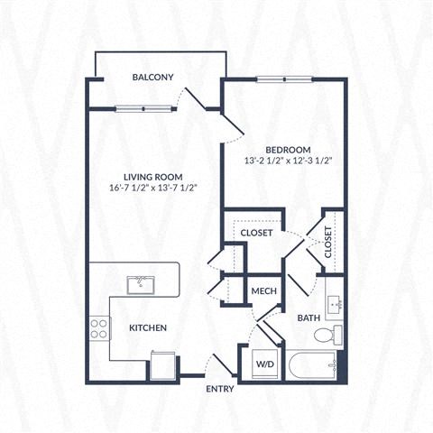 Floor plan for 1 bed, 1 bath, 777 sqft