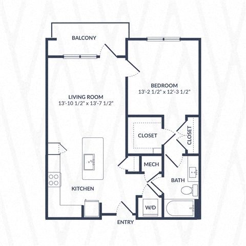 Floor plan for 1 bed, 1 bath, 777 sqft