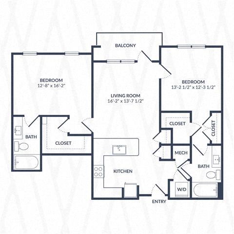 Floor plan for 2 beds, 2 baths, 1243 sqft