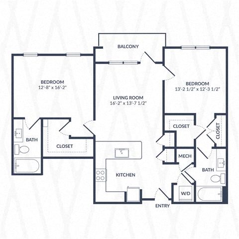 Floor plan for 2 beds, 2 baths, 1235 sqft