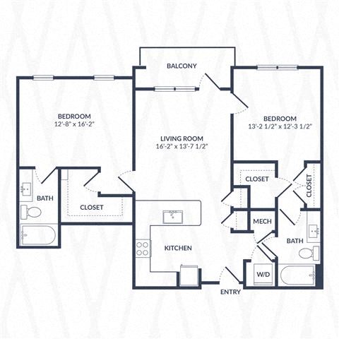 Floor plan for 2 beds, 2 baths, 1133 sqft