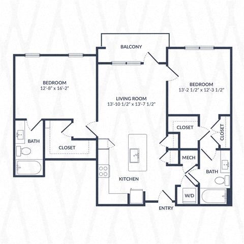 Floor plan for 2 beds, 2 baths, 1133 sqft