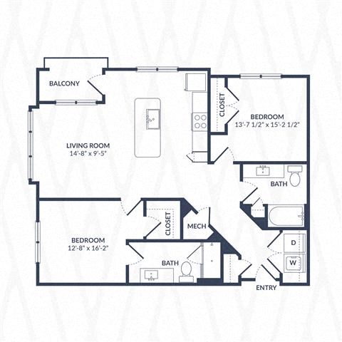 Floor plan for 2 beds, 2 baths, 1066 sqft