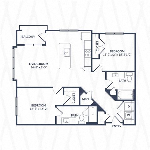 Floor plan for 2 beds, 2 baths, 1116 sqft