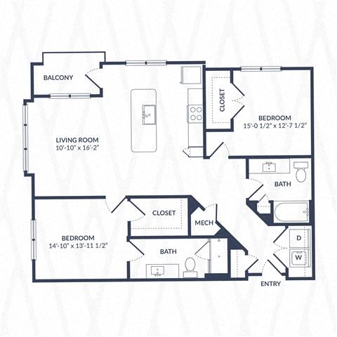 Floor plan for 2 beds, 2 baths, 1122 sqft