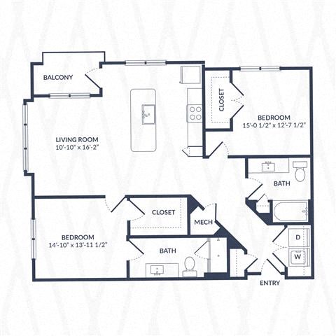 Floor plan for 2 beds, 2 baths, 1159 sqft