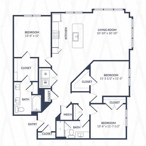 Floor plan for 3 beds, 2 baths, 1462 sqft