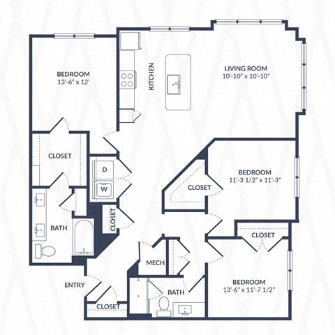 Floor plan for 3 beds, 2 baths, 1462 sqft