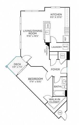 Floor plan for 1 bed, 1 bath, 800 sqft