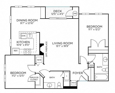 Floor plan for 2 beds, 2 baths, 1060 sqft
