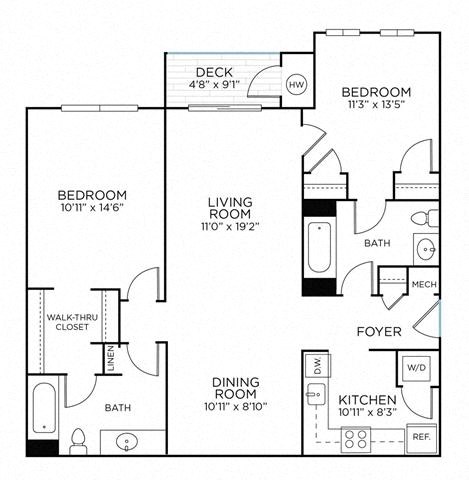 Floor plan for 2 beds, 2 baths, 1028 sqft