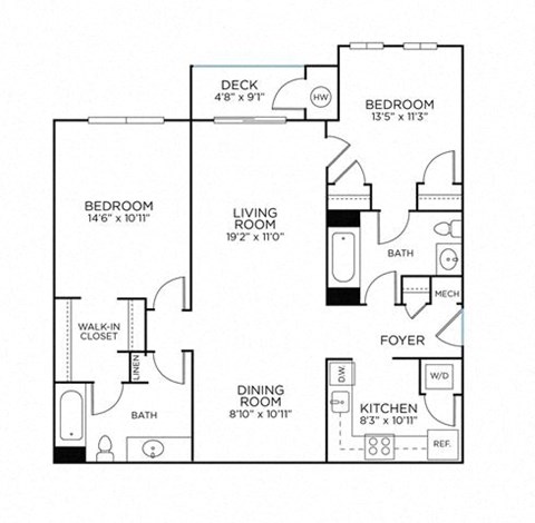 Floor plan for 2 beds, 2 baths, 1028 sqft