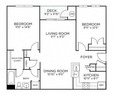 Floor plan for 2 beds, 1 bath, 900 sqft