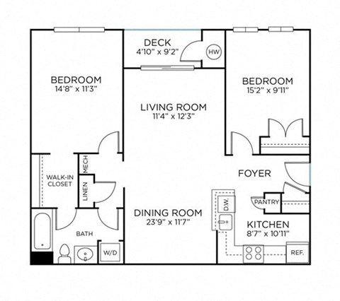 Floor plan for 2 beds, 1 bath, 900 sqft