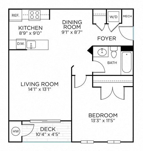 Floor plan for 1 bed, 1 bath, 700 sqft