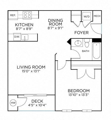 Floor plan for 1 bed, 1 bath, 700 sqft