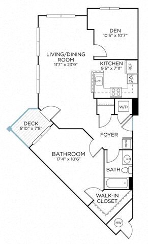 Floor plan for 1 bed, 1 bath, 800 sqft