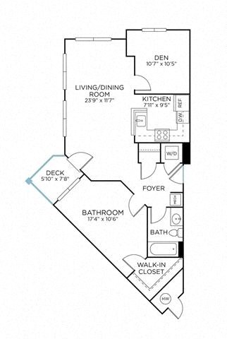 Floor plan for 1 bed, 1 bath, 800 sqft